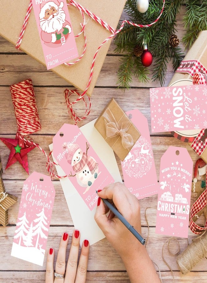 Doumeny 120PCS Pink Christmas Paper Tags - Winter Snowman, Santa Claus, Xmas Tree, Snowflake Hanging Labels With String - Let It Snow Tags for DIY Art Crafts Wrapping - Image 5
